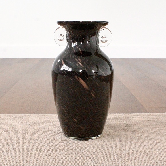 Vintage Black Aventurine Art Glass Vase Copper Dust Fleck Scroll Handle - Picture 2 of 6